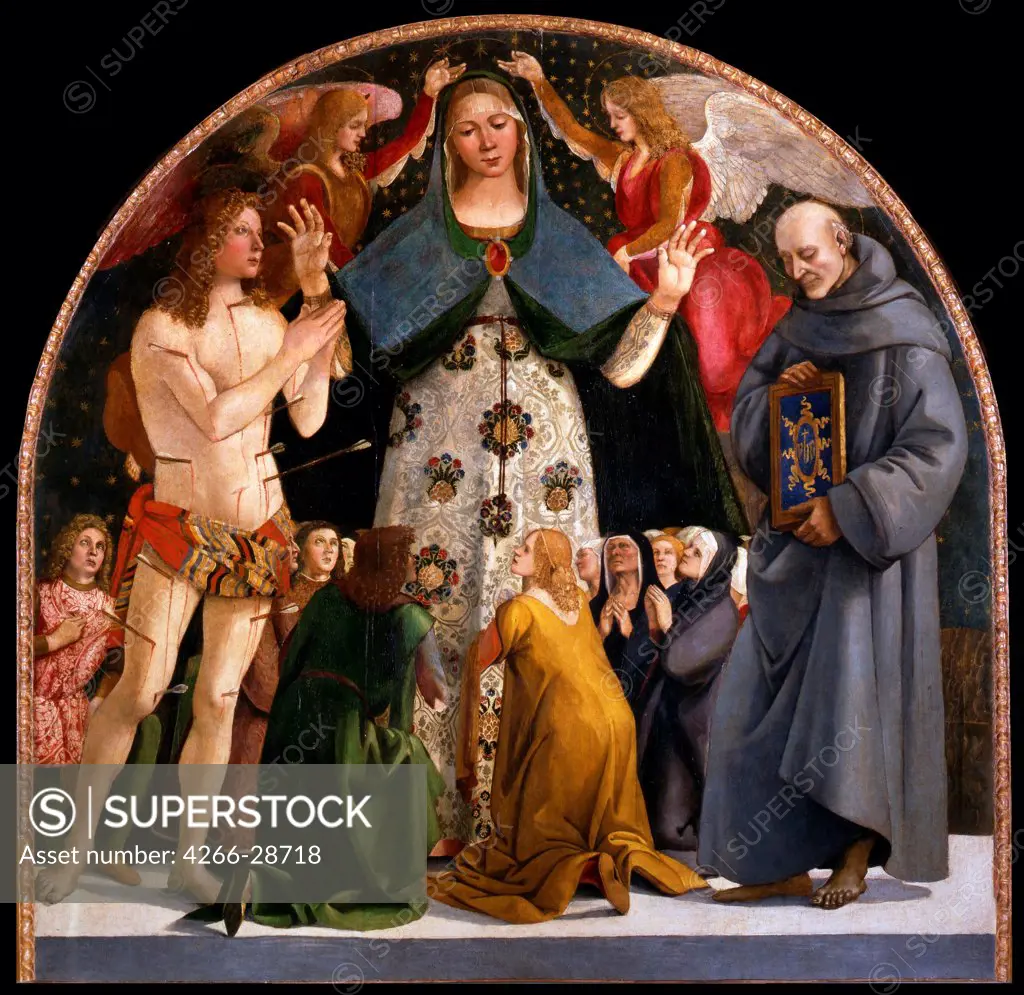 Madonna of Mercy and Saints Sebastian and Bernardino da Siena by Signorelli, Luca (ca 1441-1523) / Museo Diocesano di Pienza / c. 1490 / Italy, Florentine School / Tempera on panel / Bible / 210x215