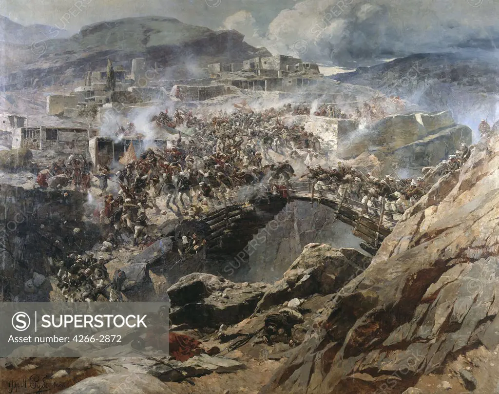 Battle in Caucasus by Franz Roubaud, oil on canvas, 1888, 1856-1928, Russia, Republic of Dagestan, Makhatchkala, State Art Museum of the Dagestan Republic, 338x428
