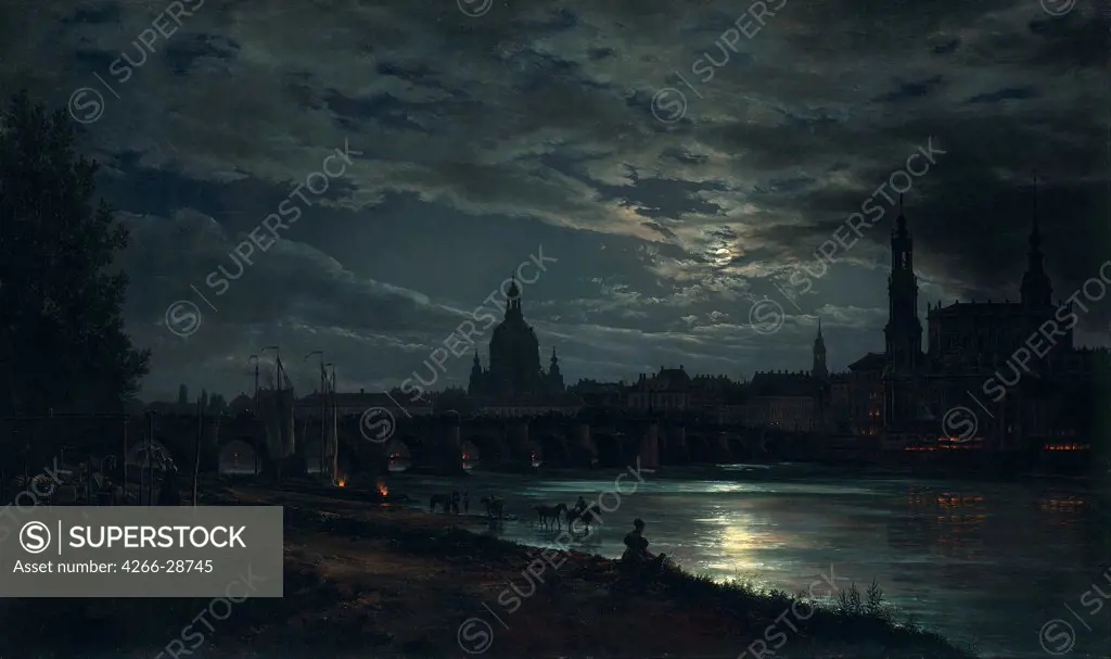 View of Dresden by Moonlight by Dahl, Johan Christian Clausen (1788-1857) / Dresden State Art Collections / 1839 / Norway / Oil on canvas / Landscape / 78x130