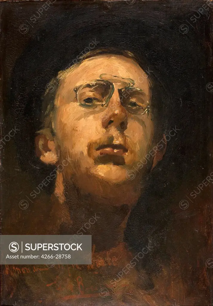 Self-portrait with Pince-nez by Breitner, George Hendrik (1857-1923) / Gemeentemuseum Den Haag / c. 1882 / Holland / Oil on wood / Portrait / 45x31,4