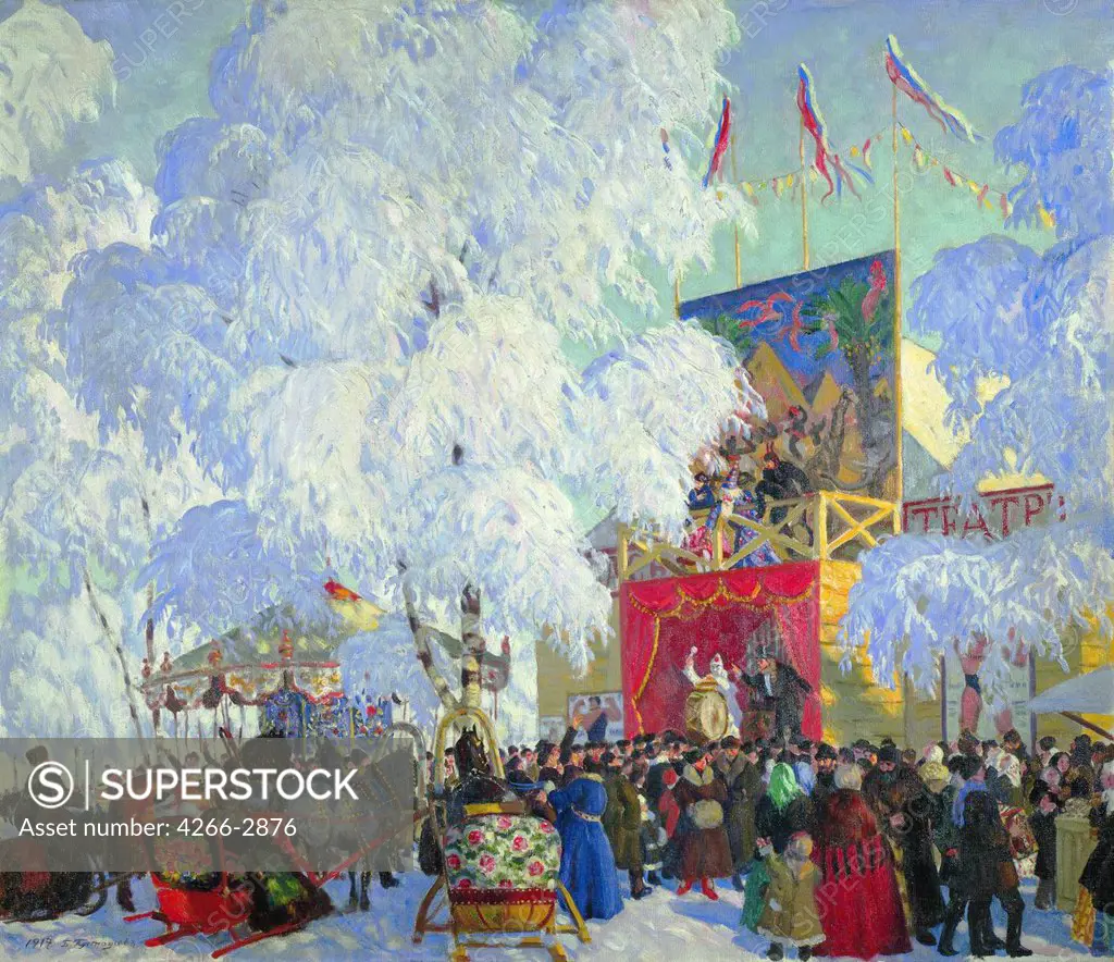 People watching performance on Shrove Tuesday by Boris Michaylovich Kustodiev, oil on canvas, 1917, 1878-1927, Russia, St. Petersburg, State Russian Museum, 80x93