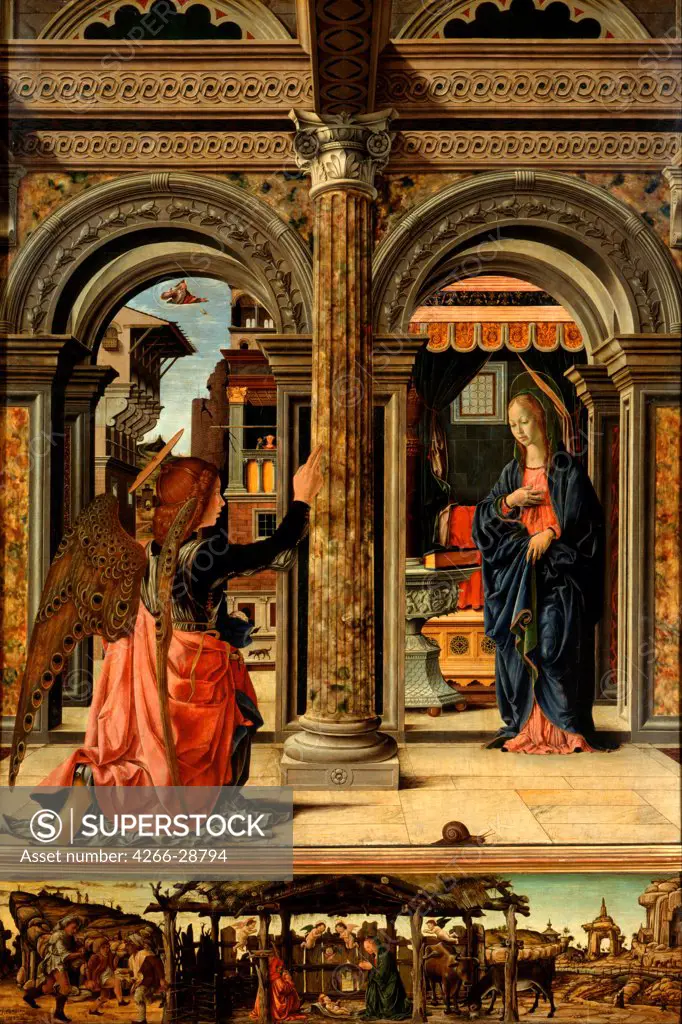 The Annunciation by Del Cossa, Francesco (1436-1478) / Dresden State Art Collections / 1470-1472 / Italy, School of Ferrara / Tempera on panel / Bible / 139x113,5