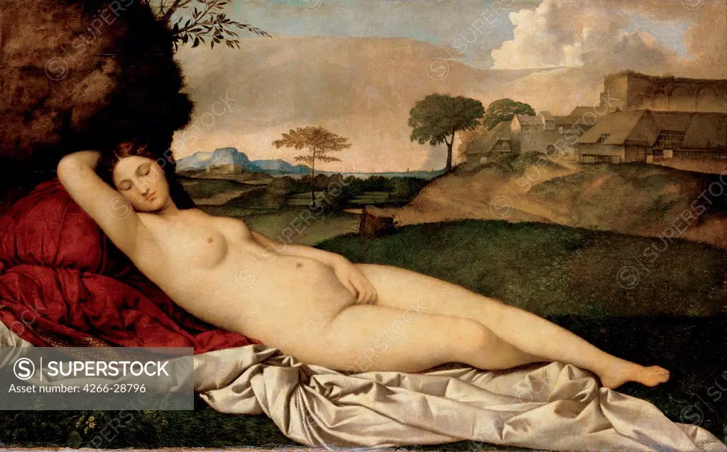 Sleeping Venus by Giorgione (1476-1510) / Dresden State Art Collections / 1508-1510 / Italy, Venetian School / Oil on canvas / Mythology, Allegory and Literature,Nude painting / 108,5x175