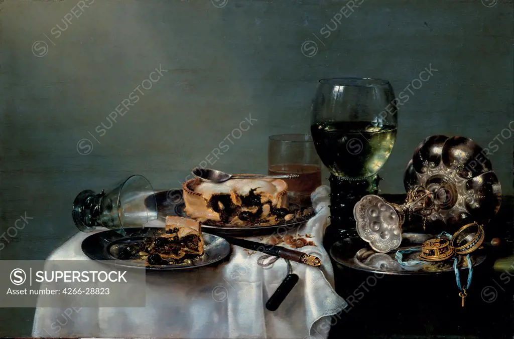 Breakfast Table with Blackberry Pie by Heda, Willem Claesz (1594-1680) / Dresden State Art Collections / 1631 / Holland / Oil on canvas / Still Life / 54x82
