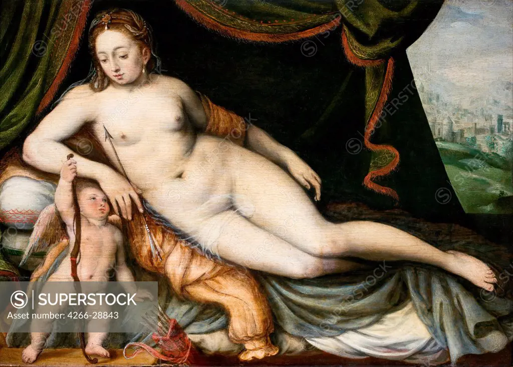Venus and Cupid by Floris, Frans, the Elder (1519-1570) / Hallwylska Museet, Stockholm /The Netherlands / Oil on wood / Mythology, Allegory and Literature / 29,5x42