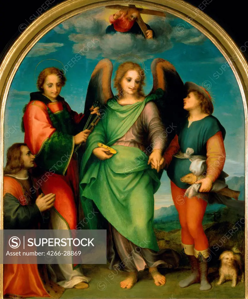 The Archangel Raphael with Tobias, St Lawrence and the Donor, Leonardo di Lorenzo Morelli by Andrea del Sarto (1486-1531) / Art History Museum, Vienne / 1512 / Italy, Florentine School / Oil on wood / Bible / 178x153