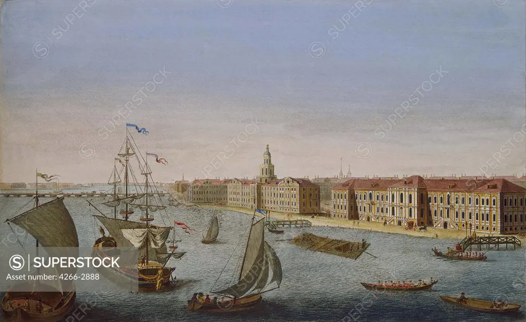 View on river Neva by Mikhail Ivanovich Makhaev, copper engraving, watercolour, 1753, 1718-1770, Russia, St. Petersburg, State Hermitage, 51, 5x69, 5