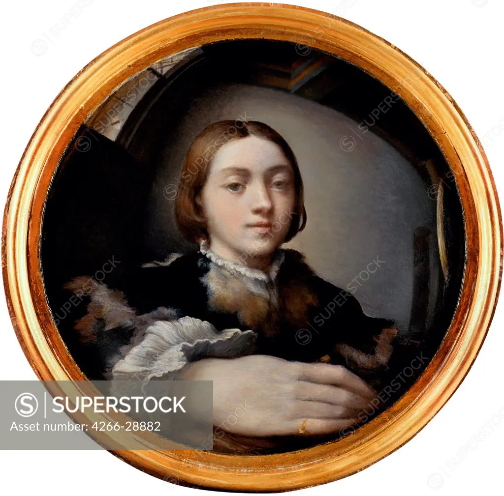 Self-Portrait in a Convex Mirror by Parmigianino (1503-1540) / Art History Museum, Vienne / ca 1524 / Italy, Parmese School / Oil on wood / Portrait / D 24,4