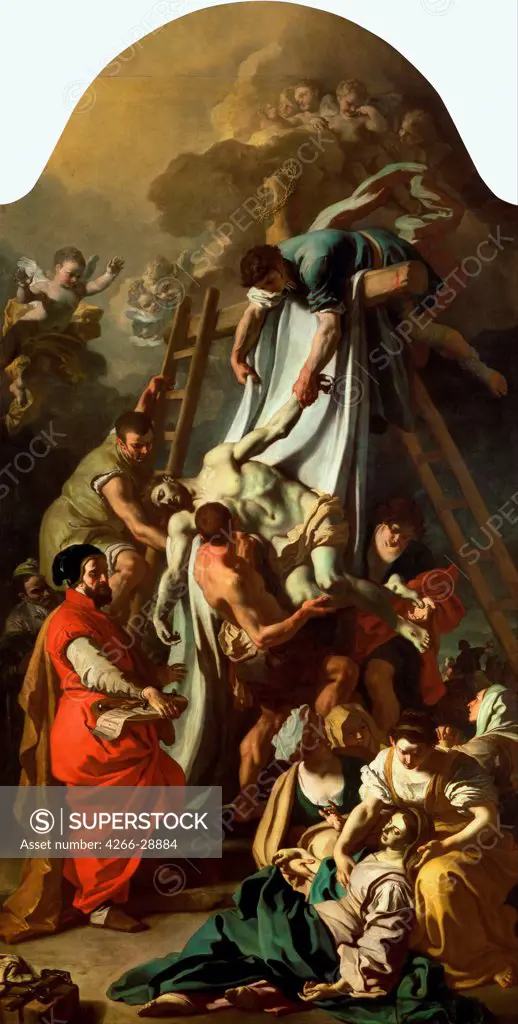 The Descent from the Cross by Solimena, Francesco (1657-1747) / Art History Museum, Vienne / 1729 / Italy, School of Neaple / Oil on canvas / Bible / 398x223