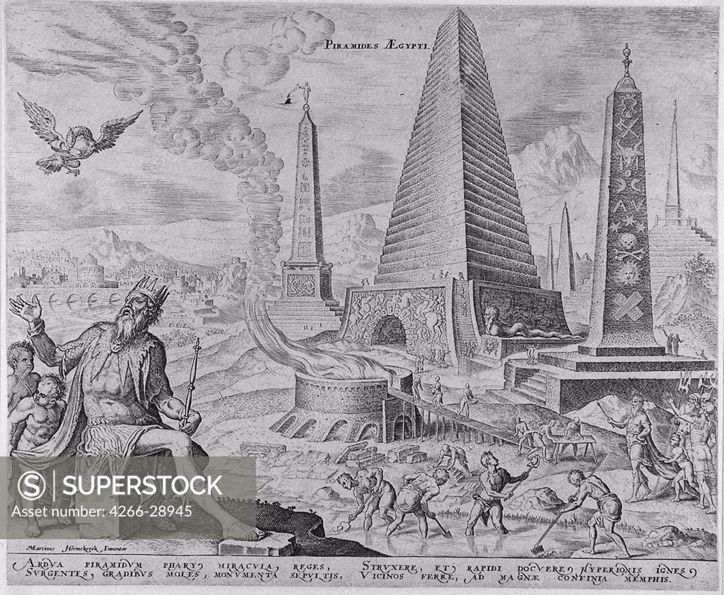 The Pyramids of Egypt (from the series 'The Eighth Wonders of the World') After Maarten van Heemskerck by Galle, Philipp (1537-1612) / Museum Boijmans Van Beuningen, Rotterdam / 1572 / The Netherlands / Etching / Mythology, Allegory and Literature,Histor