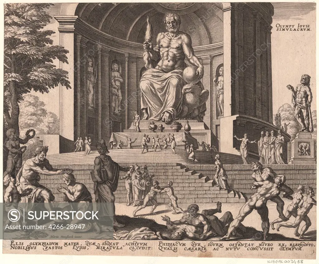 The Statue of Jupiter at Olympia (from the series 'The Eighth Wonders of the World') After Maarten van Heemskerck by Galle, Philipp (1537-1612) / Museum Boijmans Van Beuningen, Rotterdam / 1572 / The Netherlands / Etching / Mythology, Allegory and Litera