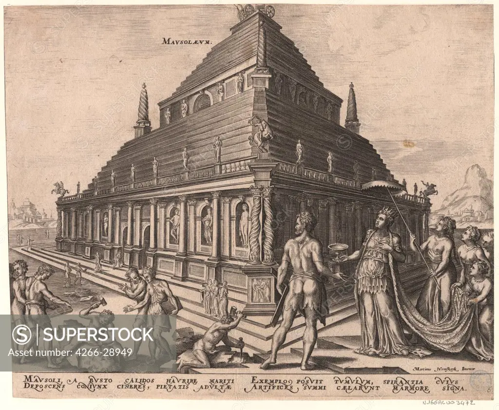 The Mausoleum at Halicarnassus (from the series 'The Eighth Wonders of the World') After Maarten van Heemskerck by Galle, Philipp (1537-1612) / Museum Boijmans Van Beuningen, Rotterdam / 1572 / The Netherlands / Etching / Mythology, Allegory and Literatu
