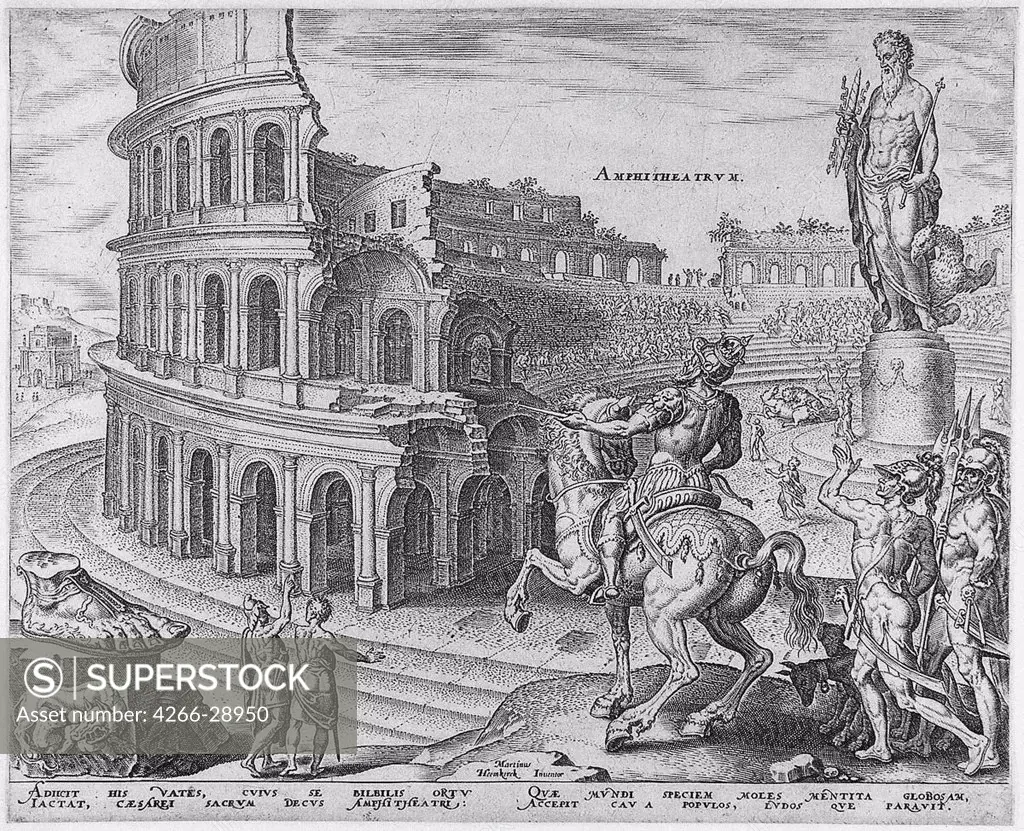 The Colosseum at Rome (from the series 'The Eighth Wonders of the World') After Maarten van Heemskerck by Galle, Philipp (1537-1612) / Museum Boijmans Van Beuningen, Rotterdam / 1572 / The Netherlands / Etching / Mythology, Allegory and Literature,Histor