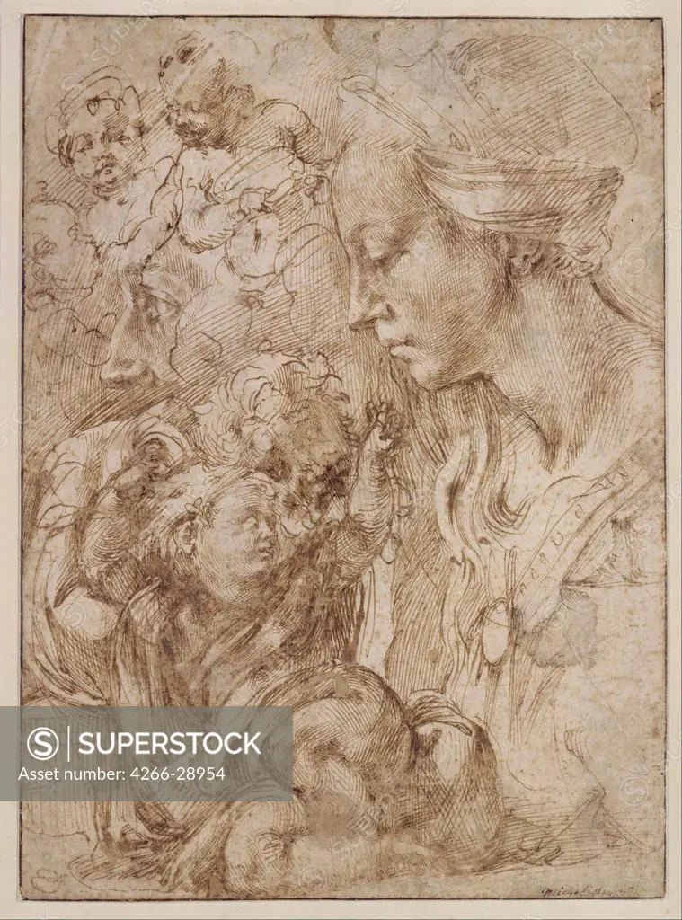 Studies for a Holy Family with John the Baptist as Child by Buonarroti, Michelangelo (1475-1564) / Staatliche Museen, Berlin / 1505 / Italy, Florentine School / Pen, brush, Indian ink on paper / Bible / 28,7x20,9