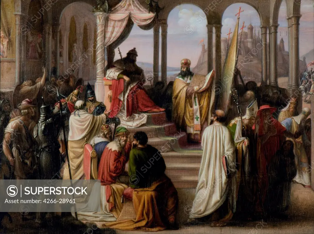 Prince Vladimir chooses a religion in 988 (A religious dispute in the Russian court) by Eggink, Johann Leberecht (1781/87-1867) / State Art Museum of Republic Latvia, Riga / 1822 / Russia / Oil on canvas / History / 55,5x74