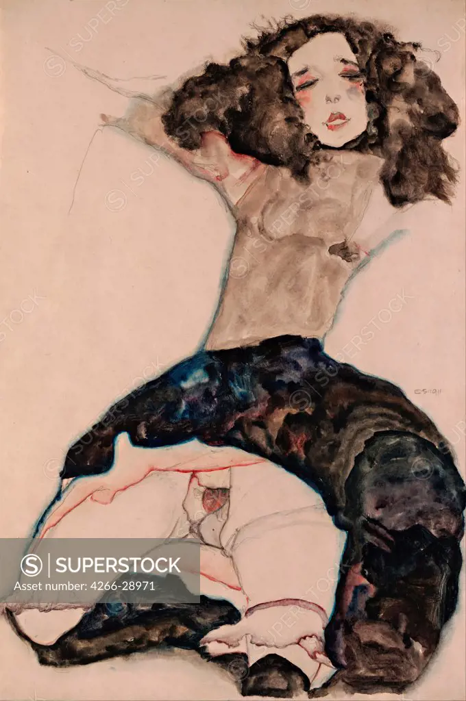 Black-Haired Girl with Lifted Skirt by Schiele, Egon (1890Ð1918) / Leopold Museum, Vienna / 1911 / Austria / Black chalk, Gouache on Paper / Genre,Nude painting / 55,8x37,9