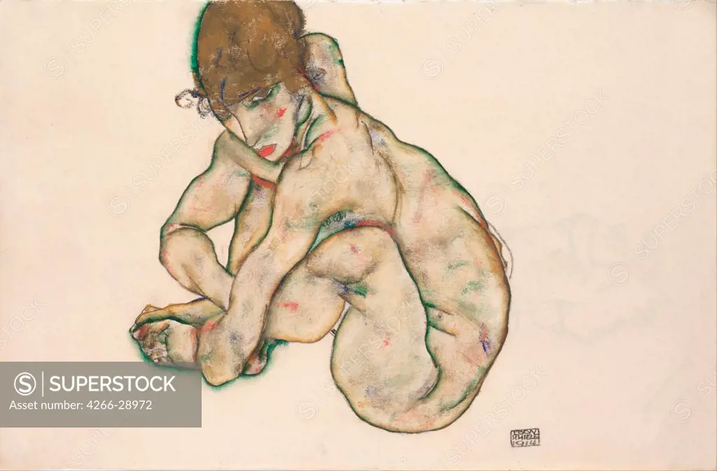 Crouching Nude Girl by Schiele, Egon (1890Ð1918) / Leopold Museum, Vienna / 1914 / Austria / Black chalk, Gouache on Paper / Nude painting / 31,5x48,2