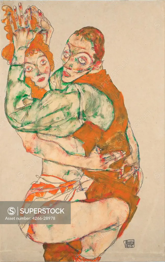 Lovemaking by Schiele, Egon (1890Ð1918) / Leopold Museum, Vienna / 1915 / Austria / Black chalk, Gouache on Paper / Genre / 49,6x31,7