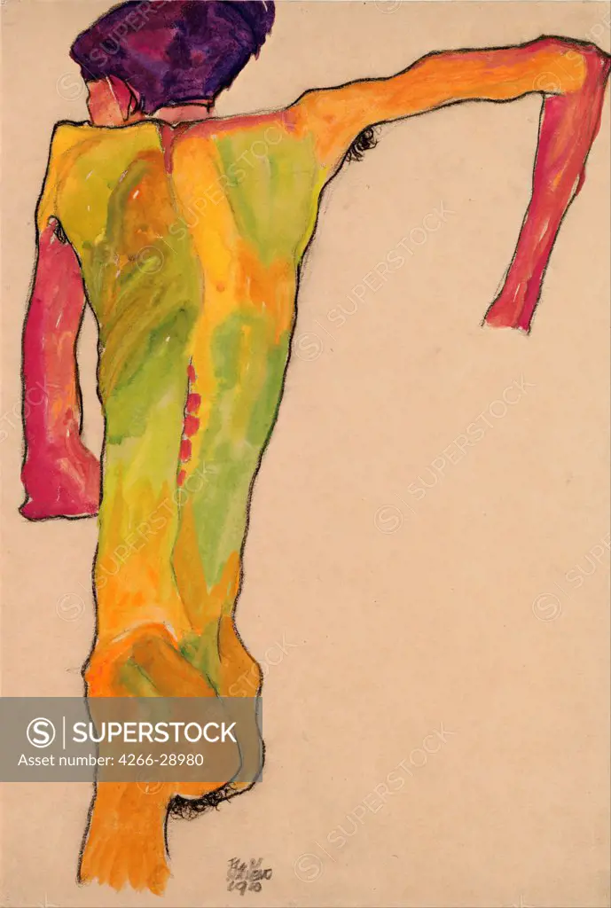 Male Nude, Propping Himself Up by Schiele, Egon (1890Ð1918) / Leopold Museum, Vienna / 1910 / Austria / Gouache on paper / Nude painting / 44,7x30,2