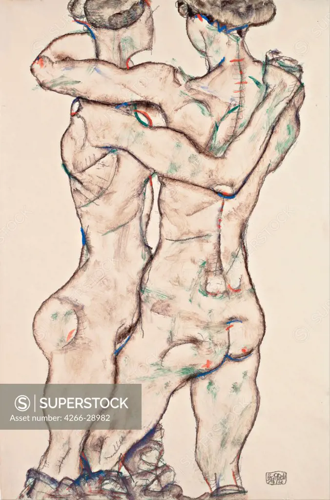 Naked Girls Embracing by Schiele, Egon (1890Ð1918) / Leopold Museum, Vienna / 1914 / Austria / Black chalk, Gouache on Paper / Nude painting / 48x31,2