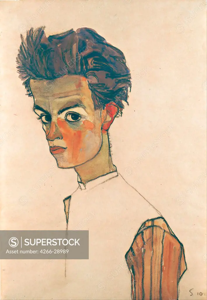 Self-Portrait with Striped Shirt by Schiele, Egon (1890Ð1918) / Leopold Museum, Vienna / 1910 / Austria / Gouache on paper / Portrait / 44,3x30,5