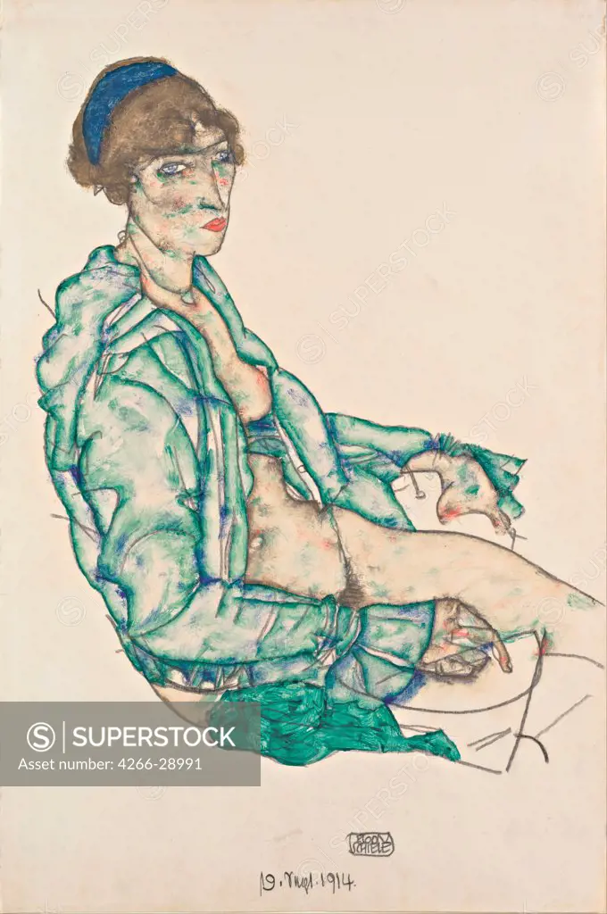 Sitting Semi-Nude with Blue Hairband by Schiele, Egon (1890Ð1918) / Leopold Museum, Vienna / 1914 / Austria / Black chalk, Gouache on Paper / Nude painting / 47,4x31,3