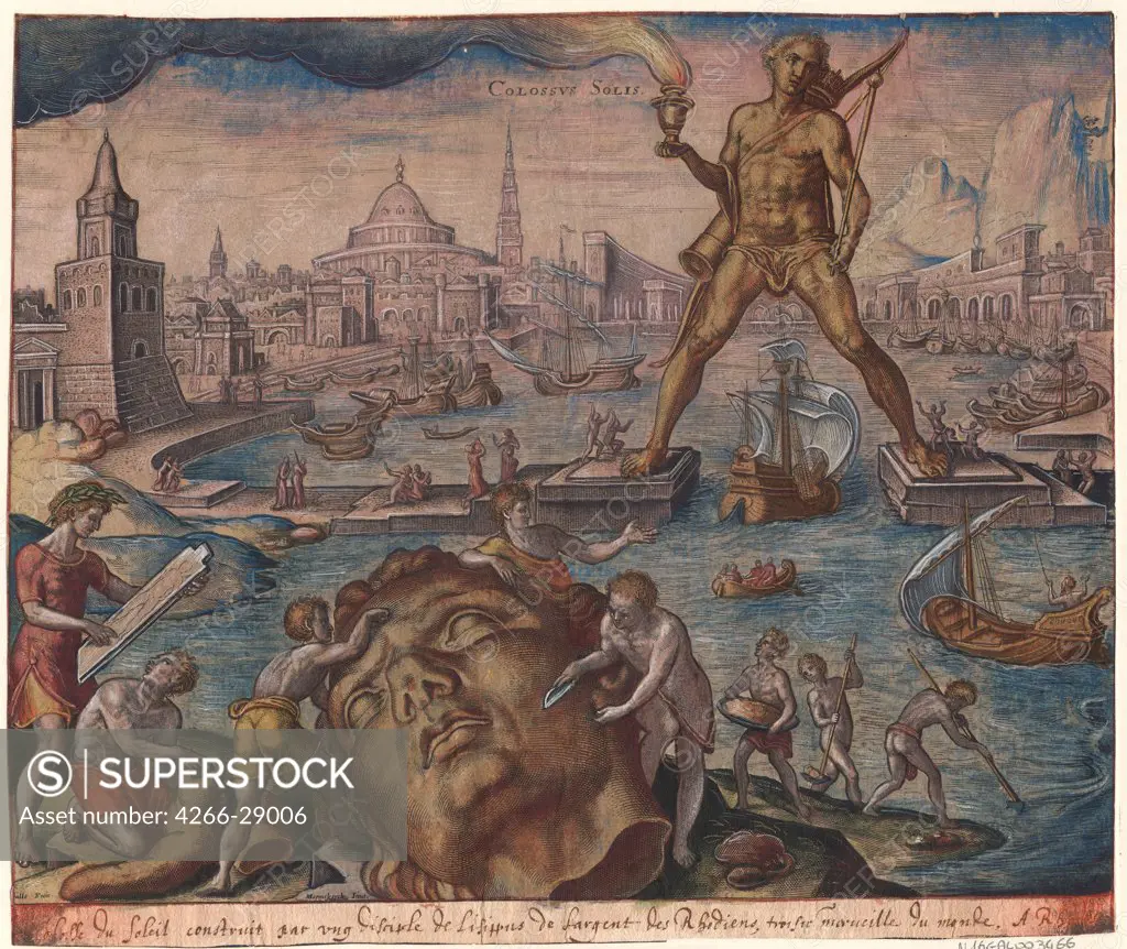 The Colossus of Rhodes (from the series 'The Eighth Wonders of the World') After Maarten van Heemskerck by Galle, Philipp (1537-1612) / Bibliotheque municipale de Lyon / 1572 / The Netherlands / Etching, watercolour / Mythology, Allegory and Literature,H