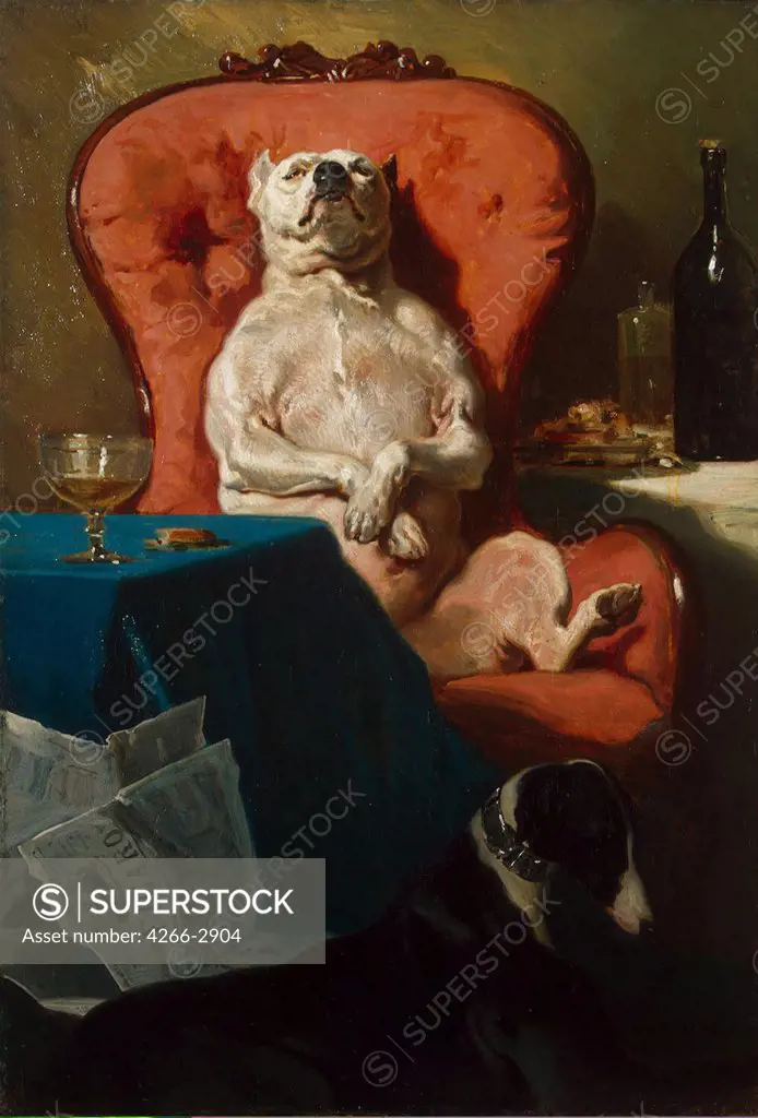 Dog sleeping on armchair by Alfred De Dreux, oil on canvas, 1857, 1810-1860, Russia, St. Petersburg, State Hermitage, 58x40