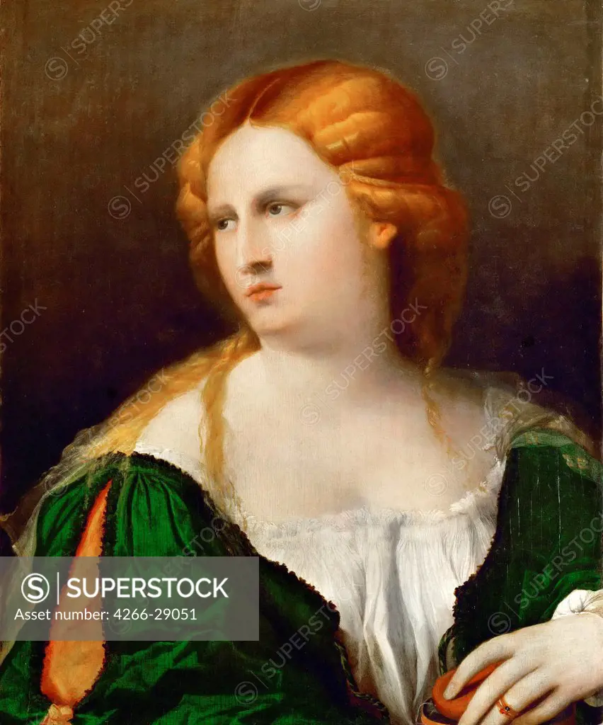 Young woman in a green dress, a box in her hand by Palma il Vecchio, Jacopo, the Elder (1480-1528) / Art History Museum, Vienne / ca 1514 / Italy, Venetian School / Oil on wood / Portrait / 50x40,5