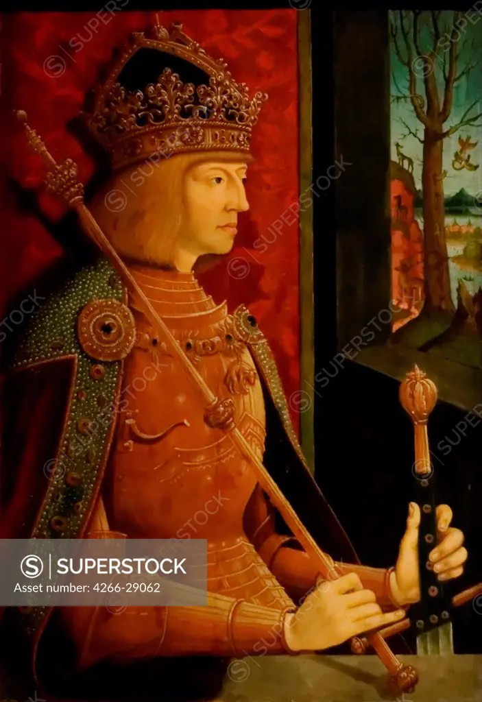 Emperor Maximilian I (1459-1519), with crown, sceptre, and sword by Strigel, Bernhard (ca 1460-1528) / Art History Museum, Vienne / c. 1500 / Germany / Oil on wood / Portrait / 60,5x41
