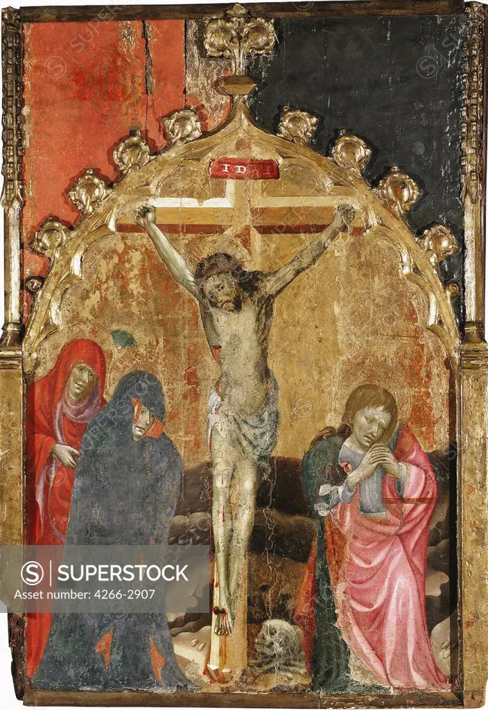 The crucifixion by Miguel de Alcanyis, tempera on panel, 1400s, active 1408-1447, Russia, St. Petersburg, State Hermitage, 119x82