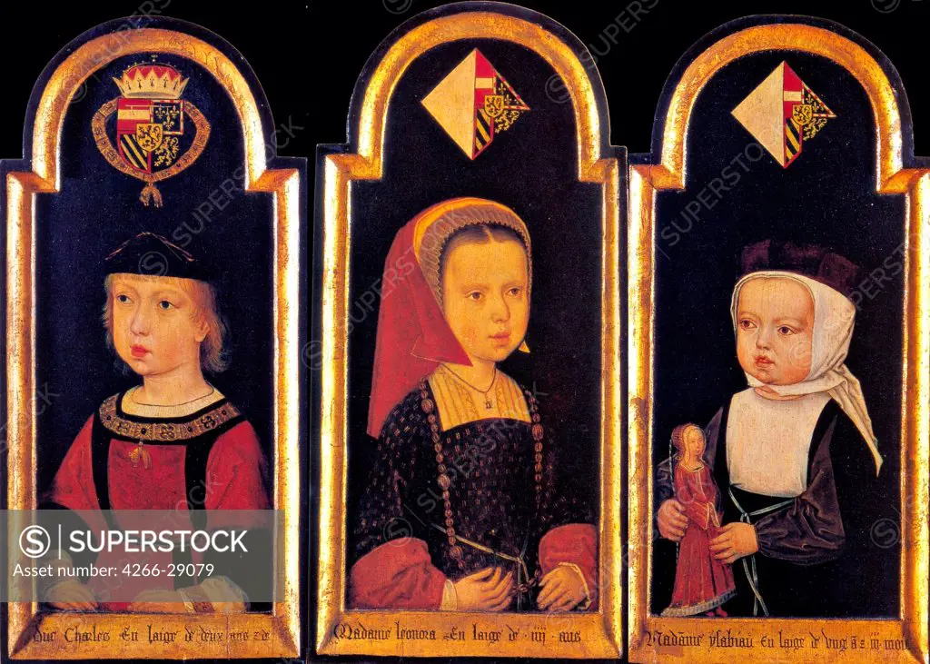 Archduke Charles, the later Holy Roman Emperor Charles V., with his sisters Eleanor and Isabella at the age of 2 years by Master of St.Georgsgilde (active ca 1500) / Art History Museum, Vienne / 1502 / The Netherlands / Oil on wood / Portrait / 31,5x42
