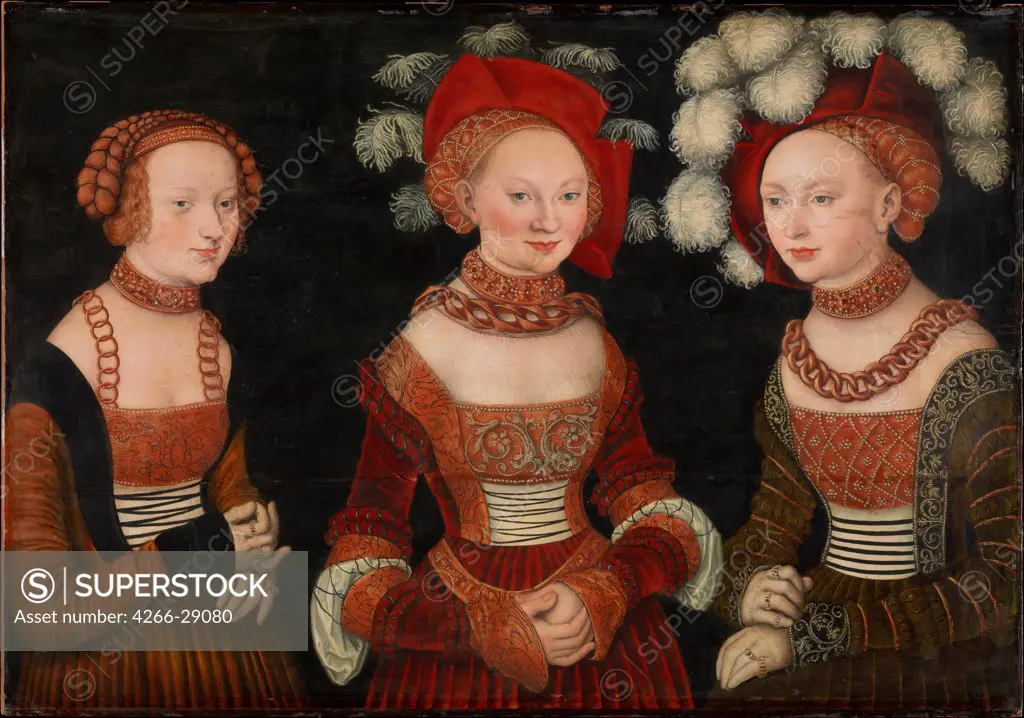 Princesses Sibylle (1515-1592), Emilie (1516-1591) and Sidonie (1518-1575) of Saxony by Cranach, Lucas, the Elder (1472-1553) / Art History Museum, Vienne / c.1535 / Germany / Oil on wood / Portrait / 62x89