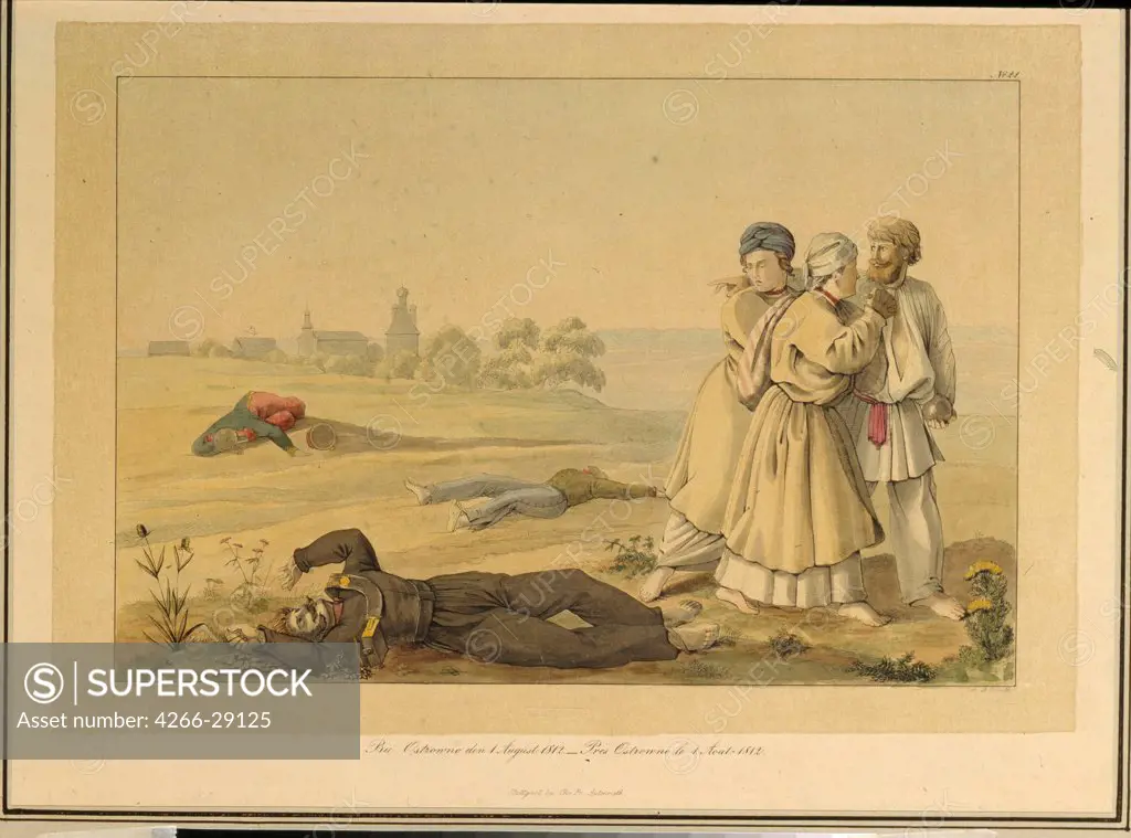 Near Ostrovno on August 1, 1812 by Faber du Faur, Christian Wilhelm, von (1780-1857) / State Borodino War and History Museum, Moscow / 1820s / Germany / Lithograph, watercolour / History / 25x31