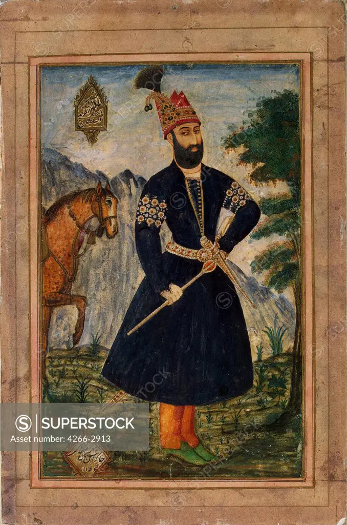 Portrait of king Nader Shah by Bahram naqqash-bashi, gouache, gold and silver on cardboard, 1743, 18th century, Russia, St. Petersburg, State Hermitage, 22x14