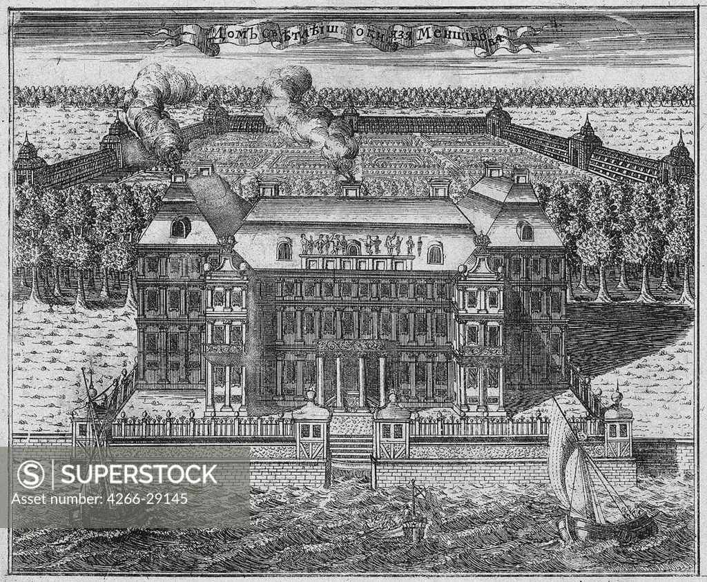 The Mansion of Prince Alexander Danilovich Menshikov, Generalissimo, Prince of the Holy Roman Empire and Duke by Zubov, Alexei Fyodorovich (1682-after 1750) / State Hermitage, St. Petersburg / 1717 / Russia / Etching / Architecture, Interior,Landscape,Hi