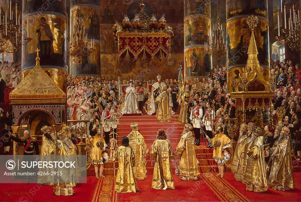 Coronation of tsarina Maria Feodorovna by Georges Becker, oil on canvas, 1888, 1845-1909, Russia, St. Petersburg, State Hermitage, 108x156