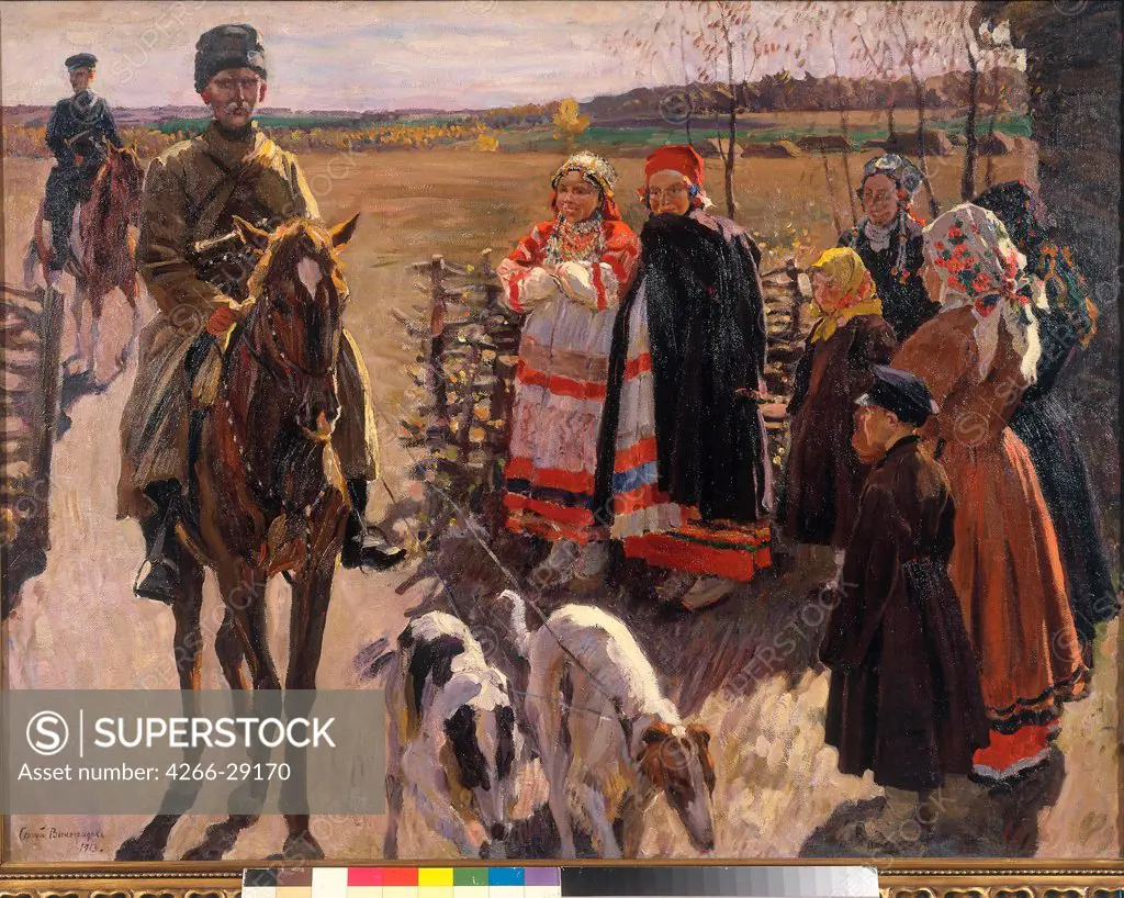 Huntsmen with Borzois by Vinogradov, Sergei Arsenyevich (1869-1938) / Regional Art Museum, Khanty-Mansiysk / 1913 / Russia / Oil on canvas / Genre / 98,3x128