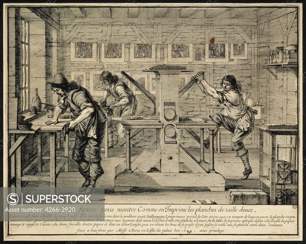 Printers at work by Abraham Bosse, etching, 1642, 1602-1676, Russia, St. Petersburg, State Hermitage, 26, 1x36, 2