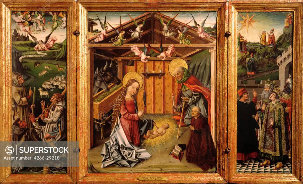 The Nativity (Triptych) by Barco, Garcia del (active ca. 1450-ca. 1500) / Museo Lazaro Galdiano, Madrid / 1467-1500 / Spain / Tempera on panel / Bible / 82x136