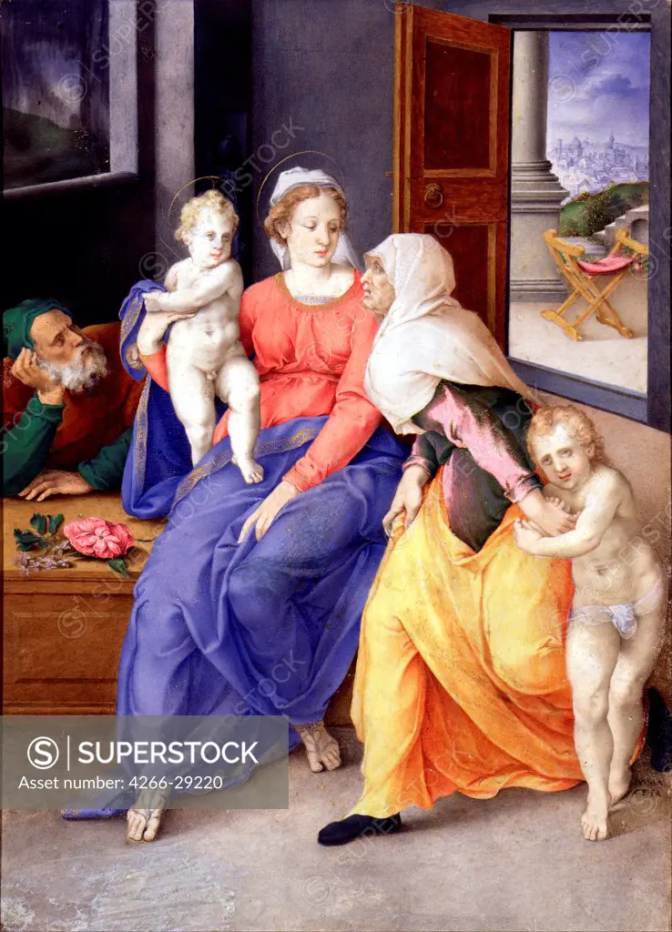 The Holy Family with John the Baptist as a Boy and Saint Elizabeth by Clovio, Giulio (1498-1575) / Museo Lazaro Galdiano, Madrid / 1556-1557 / Italy, Roman School / Oil on wood / Bible / 24x17,3