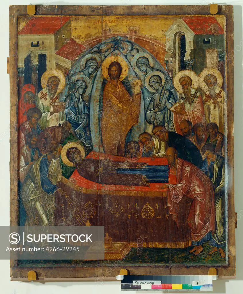 The Dormition of the Virgin by Russian icon   / State Open-air Museum Kirillo-Belozersky Monastery / Early 15th cen. / Russia / Tempera on panel / Bible / 108x88