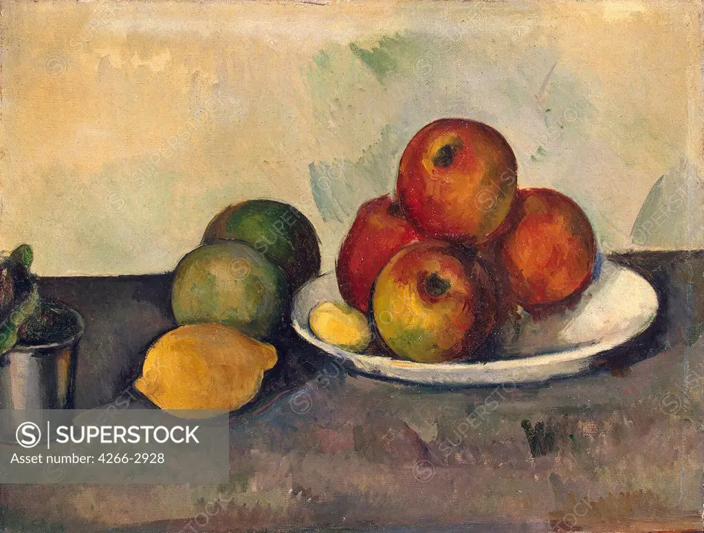 Still life with fruits by Paul Cezanne, oil on canvas, circa 1890, 1839-1906, Russia, St. Petersburg, State Hermitage, 35, 2x46, 2