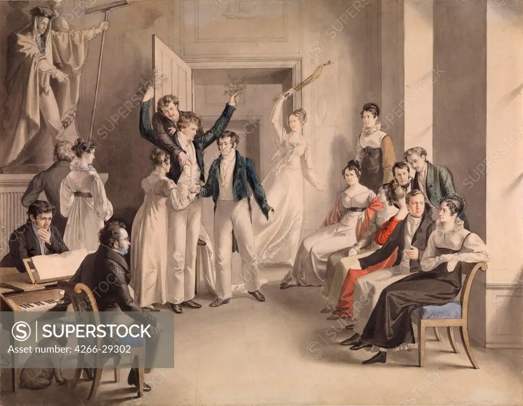 Franz Schubert (1797-1828). Party game of the Schubertians in Atzenbrugg by Kupelwieser, Leopold (1796-1862) / Vienna Museum / 1821 / Austria / Watercolour on paper / Portrait,Genre /