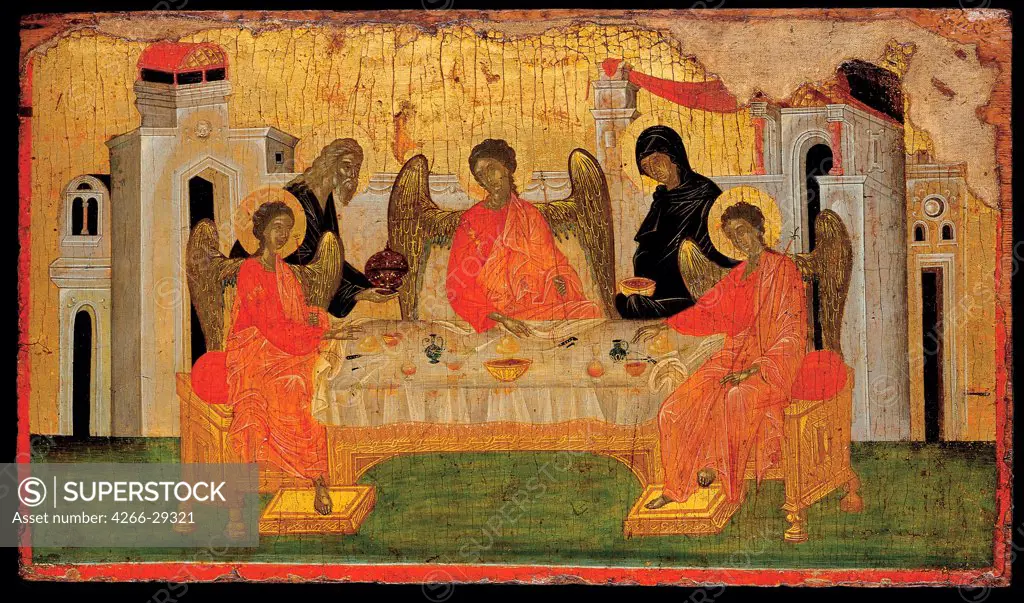 The Hospitality of Abraham (Old Testament Trinity) by Byzantine icon   / Benaki Museum, Athens / ca 1380 / Byzantium / Tempera on panel / Bible / 36x62,3