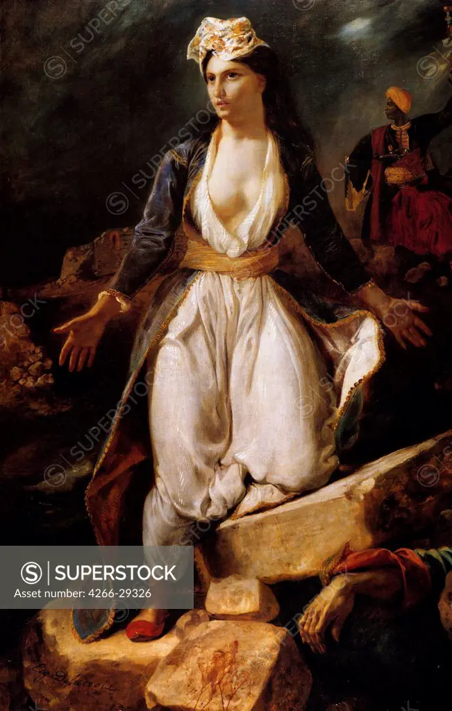 Greece on the Ruins of Missolonghi by Delacroix, Eugene (1798-1863) / Musee des Beaux-Arts, Bordeaux / 1826 / France / Oil on canvas / Portrait,Genre,History / 209x147