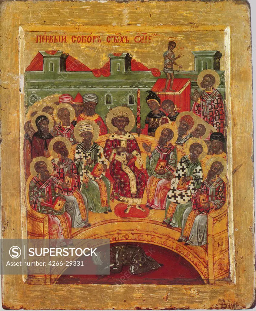 First Council of Nicaea by Byzantine icon   / The Hilandar Monastery, Athos / 16th century / Byzantium / Tempera on panel / Bible /