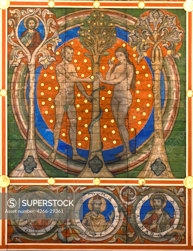 dam and Eve. Detail of the painted wooden ceiling of the St. Michael's Church, Hildesheim by Master of Lower Saxony (active ca. 1230) / St. Michael's Church, Hildesheim / ca 1230 / Germany / Tempera on panel / Bible /