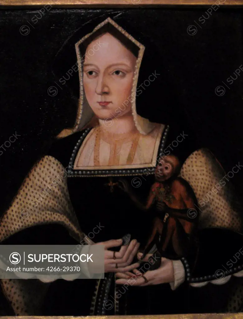 Portrait of Catherine of Aragon, with her pet monkey (Copy After Lucas Horenbout) by Anonymous   / Private Collection / ca 1530 / The Netherlands / Oil on wood / Portrait /