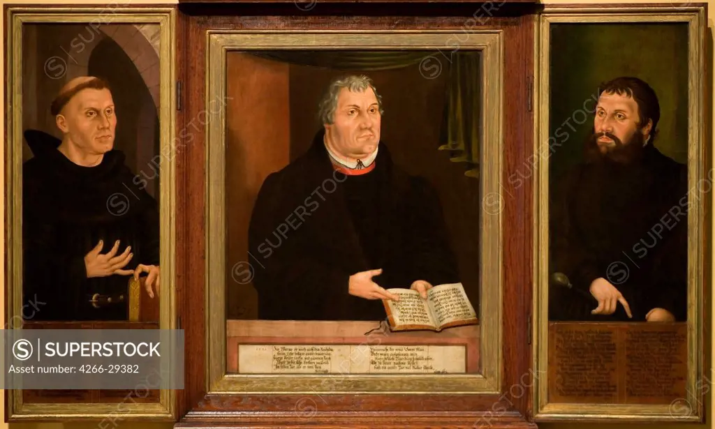 The Luther Shrine, triptych by Thiem, Veit (-ca 1574) / St. Peter und Paul (Herderkirche), Weimar / 1572 / Germany / Oil on wood / Portrait,Bible / 100x150